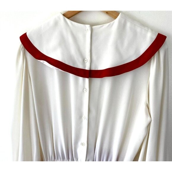 Vintage Pierre Cardin Bib Collar Maxi Dress Womens Sz 14 White Red Modest Sheer - Picture 10 of 16